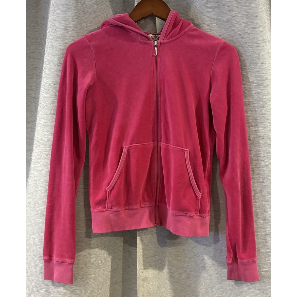Juicy Couture Hoodie Velour Zip Up Womens Medium Pink Y2K Graphic Track Jacket